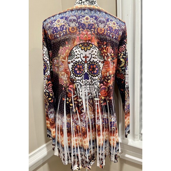 Women’s XL Abstract Floral Rhinestone Skull Embellished Tunic Top Whimsy Artsy - Picture 5 of 13